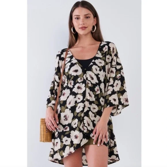 Dark floral kimono top beach or swim cover up spring summer boho coastal - Picture 2 of 9
